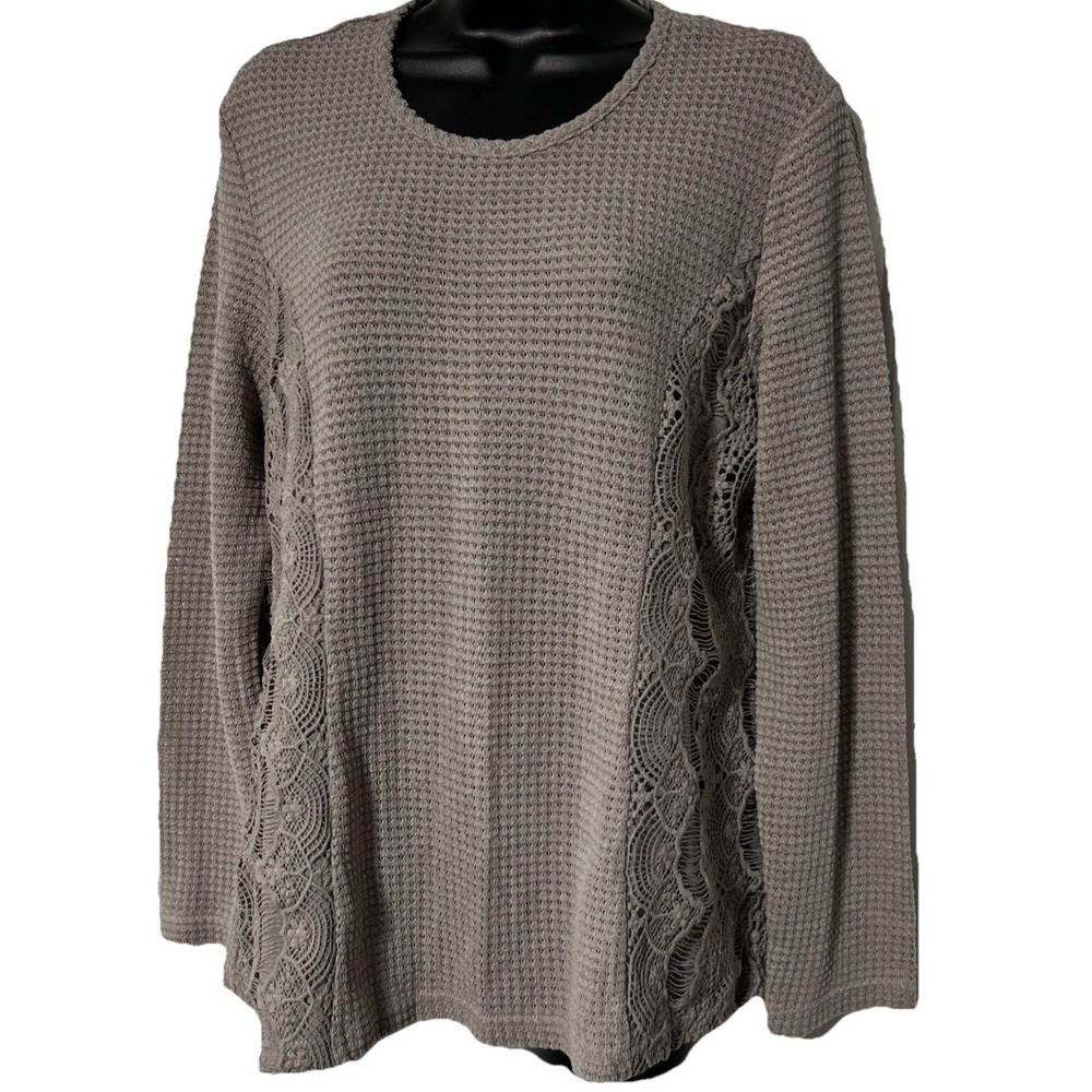 Indigo Soul Waffle Knit Long Sleeve Top Taupe Lace Detail Size L